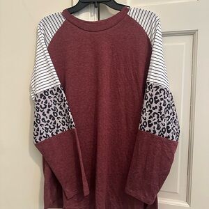 Burgundy Long Sleeve Top with Striped and Leopard Print Sleeves